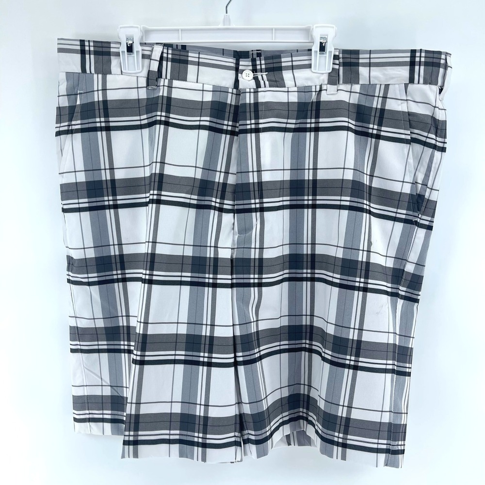 Alan Flusser Golf Shorts Mens 40 Plaid Gray White Black Casual with Flaw